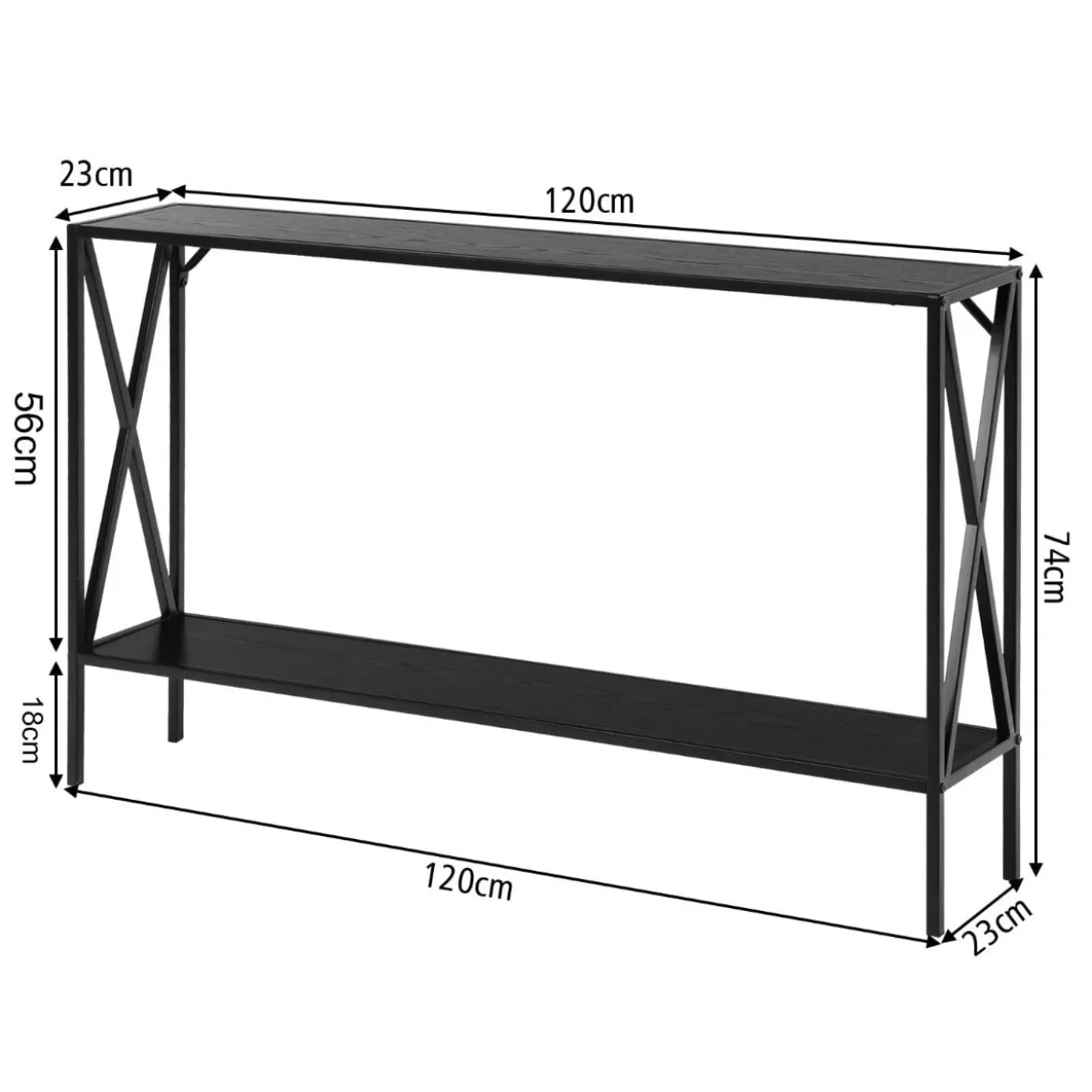 2 Ebenen Konsolentisch Metallrahmen Moderner 2-stufiger Sofatisch in X-Form 120 x 23 x 74 cm Schwarz