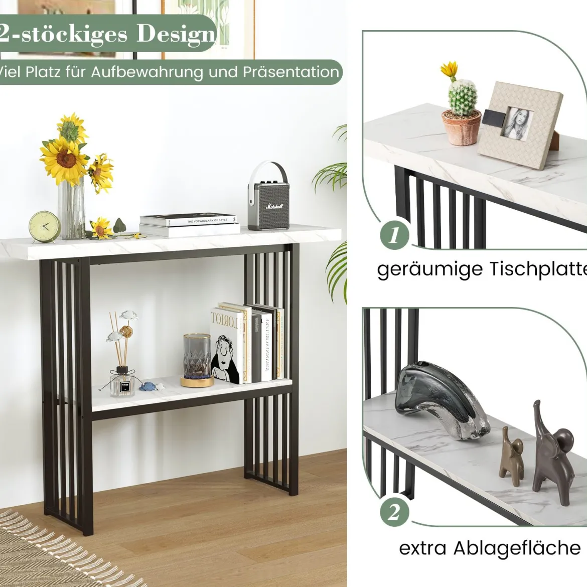 2 Ebenen Konsolentisch mit Marmoroptik Schmaler Beistelltisch Flurtisch mit Metallrahmen