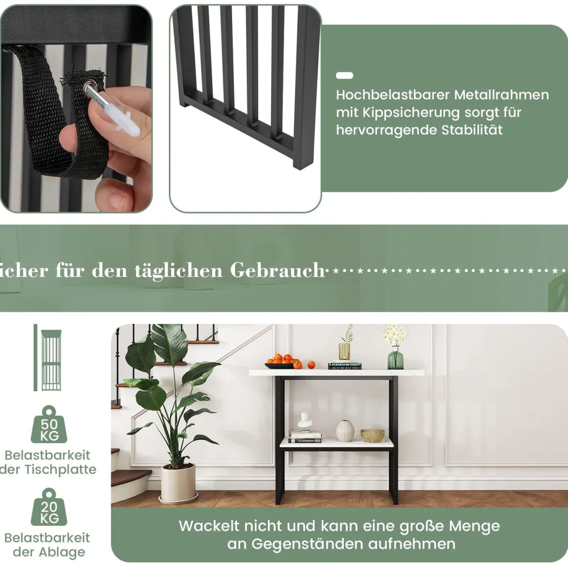 2 Ebenen Konsolentisch mit Marmoroptik Schmaler Beistelltisch Flurtisch mit Metallrahmen
