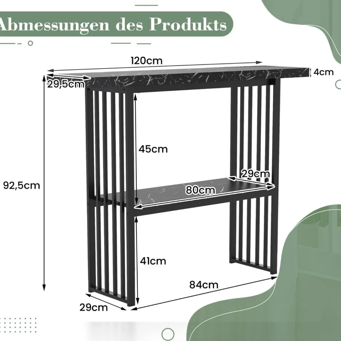 2 Ebenen Konsolentisch mit Marmoroptik Schmaler Beistelltisch Flurtisch mit Metallrahmen
