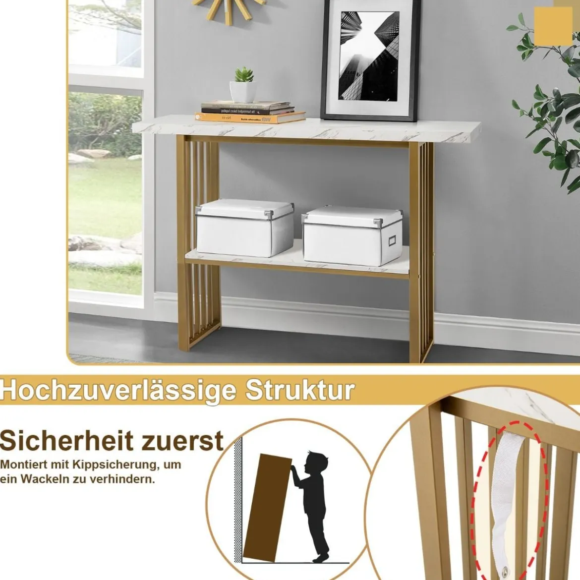 2 Ebenen Konsolentisch mit Marmoroptik Schmaler Beistelltisch Flurtisch mit Metallrahmen