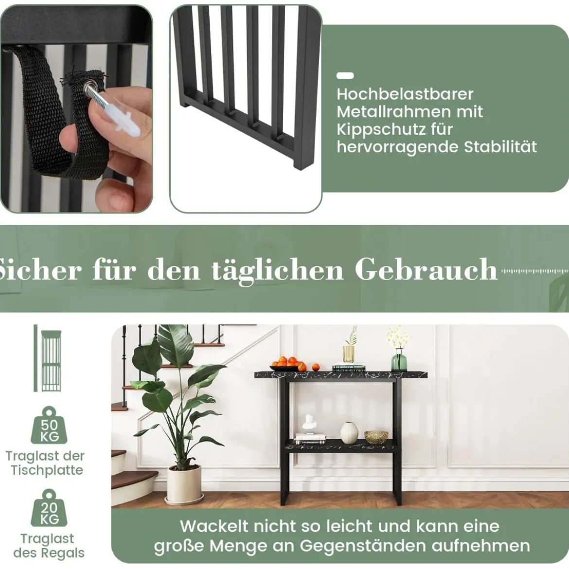 2 Ebenen Konsolentisch mit Marmoroptik Schmaler Beistelltisch Flurtisch mit Metallrahmen