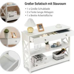 3 Ebenen Konsolentisch mit Schublade & Regal aus Holz 100 x 30 x 80 cm Weiß