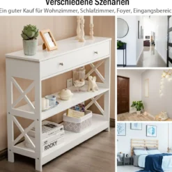 3 Ebenen Konsolentisch mit Schublade & Regal aus Holz 100 x 30 x 80 cm Weiß