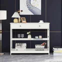 3 Ebenen Konsolentisch mit Schublade & Regal aus Holz 100 x 30 x 80 cm Weiß