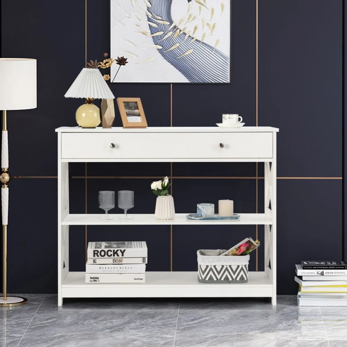 3 Ebenen Konsolentisch mit Schublade & Regal aus Holz 100 x 30 x 80 cm Weiß