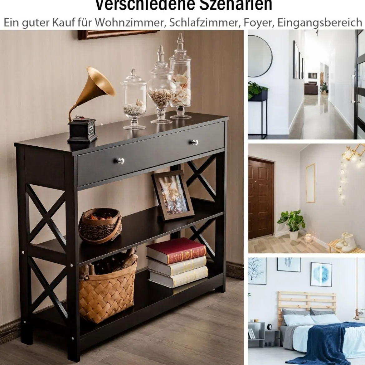 3 Ebenen Konsolentisch mit Schublade & Regal aus Holz 100 x 30 x 80 cm schwarz