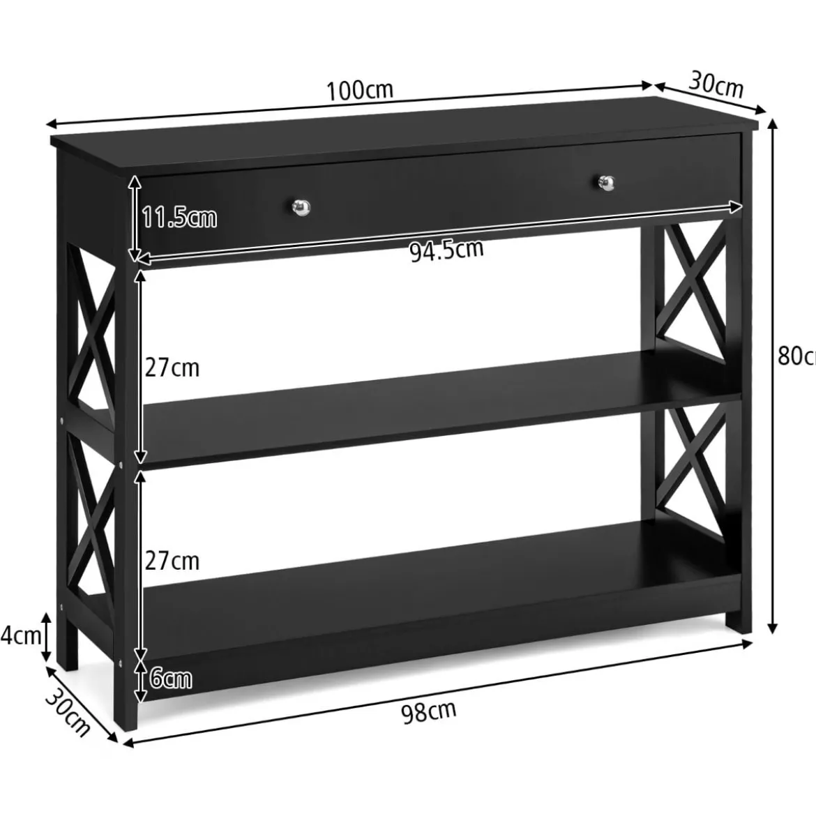 3 Ebenen Konsolentisch mit Schublade & Regal aus Holz 100 x 30 x 80 cm schwarz