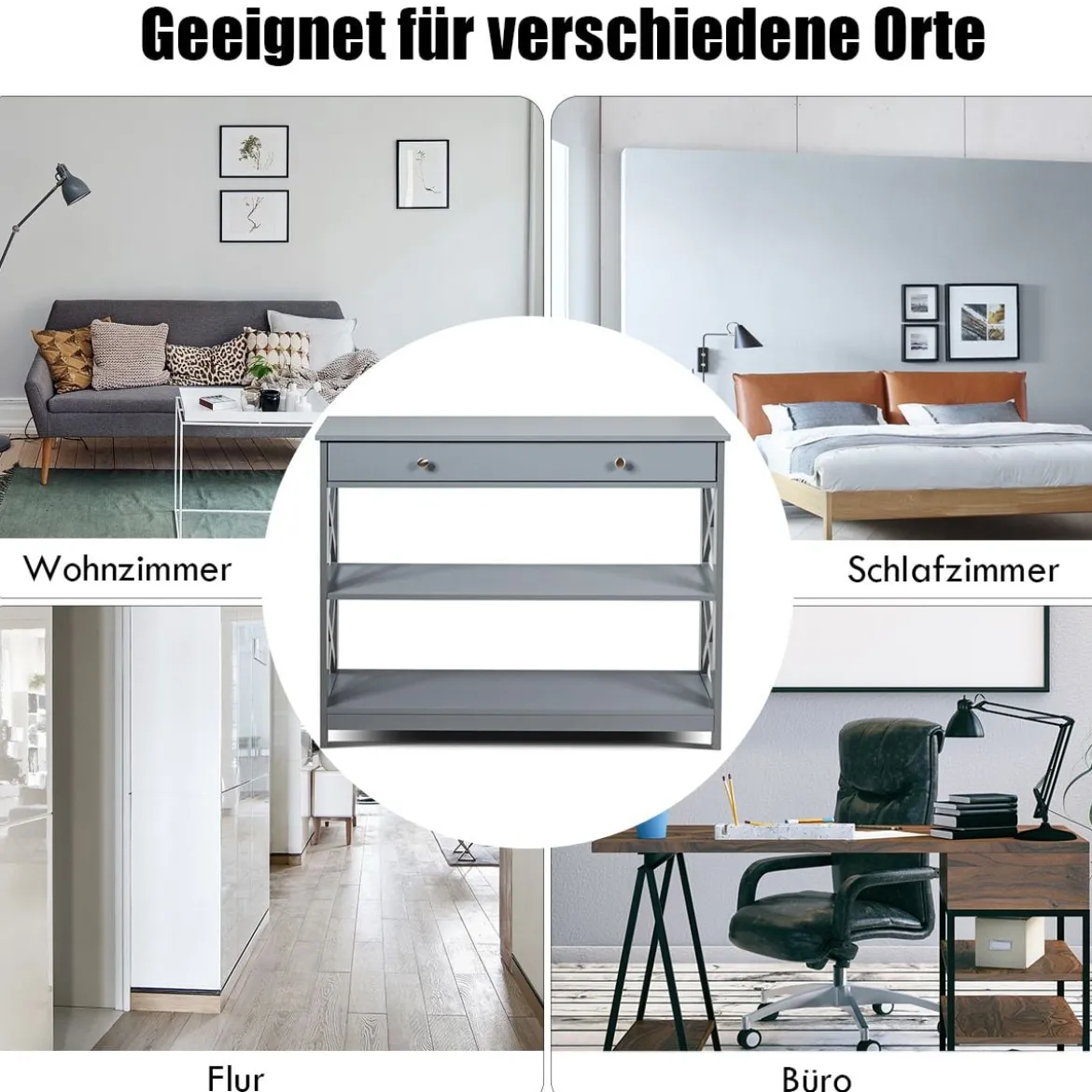 3 Ebenen Konsolentisch mit Schublade & 2 Ablagen & X-Förmigen Beinen