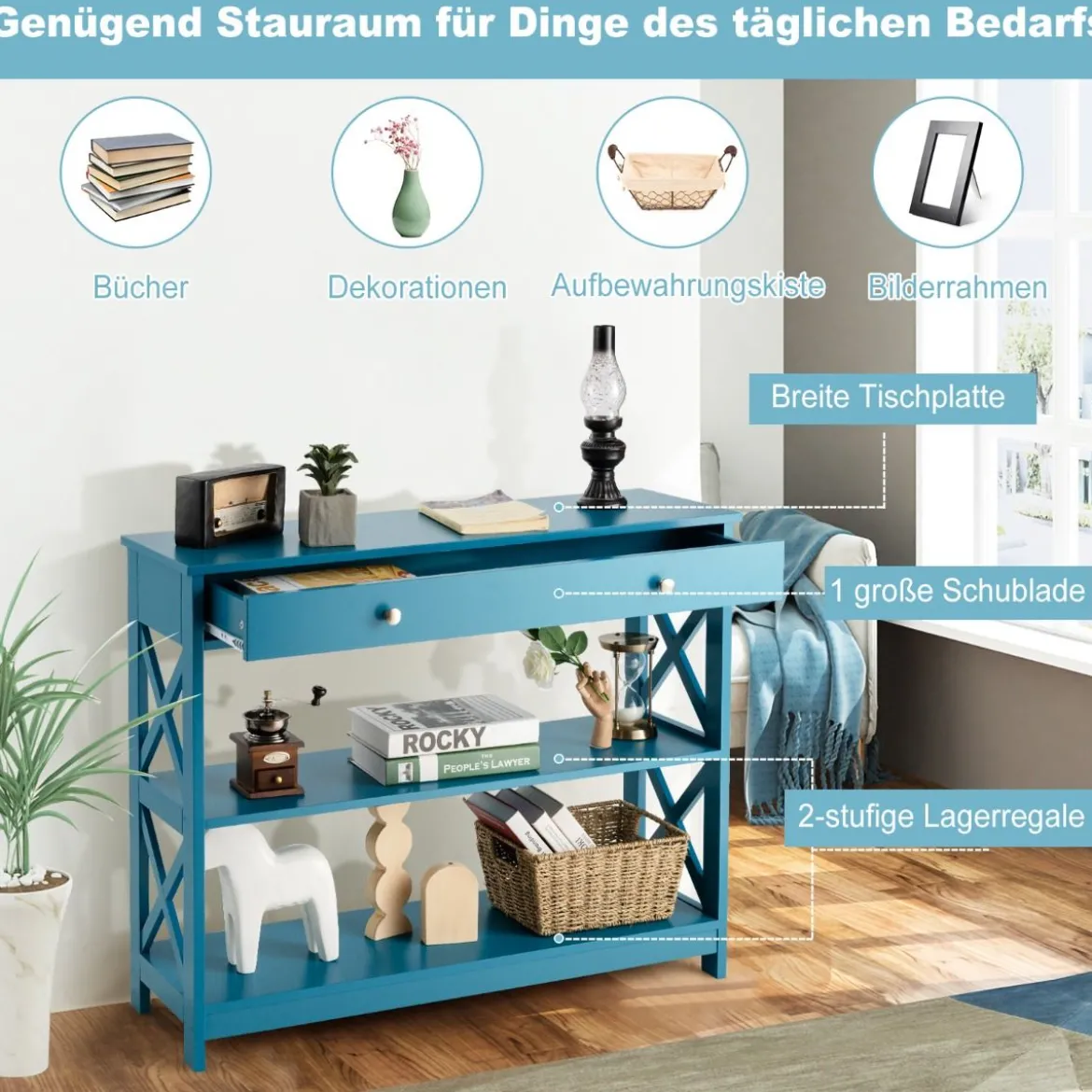 3 Ebenen Konsolentisch mit Schublade & 2 Ablagen & X-Förmigen Beinen