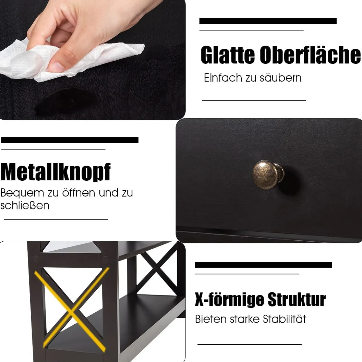3 Ebenen Konsolentisch mit Schublade & 2 Ablagen & X-Förmigen Beinen