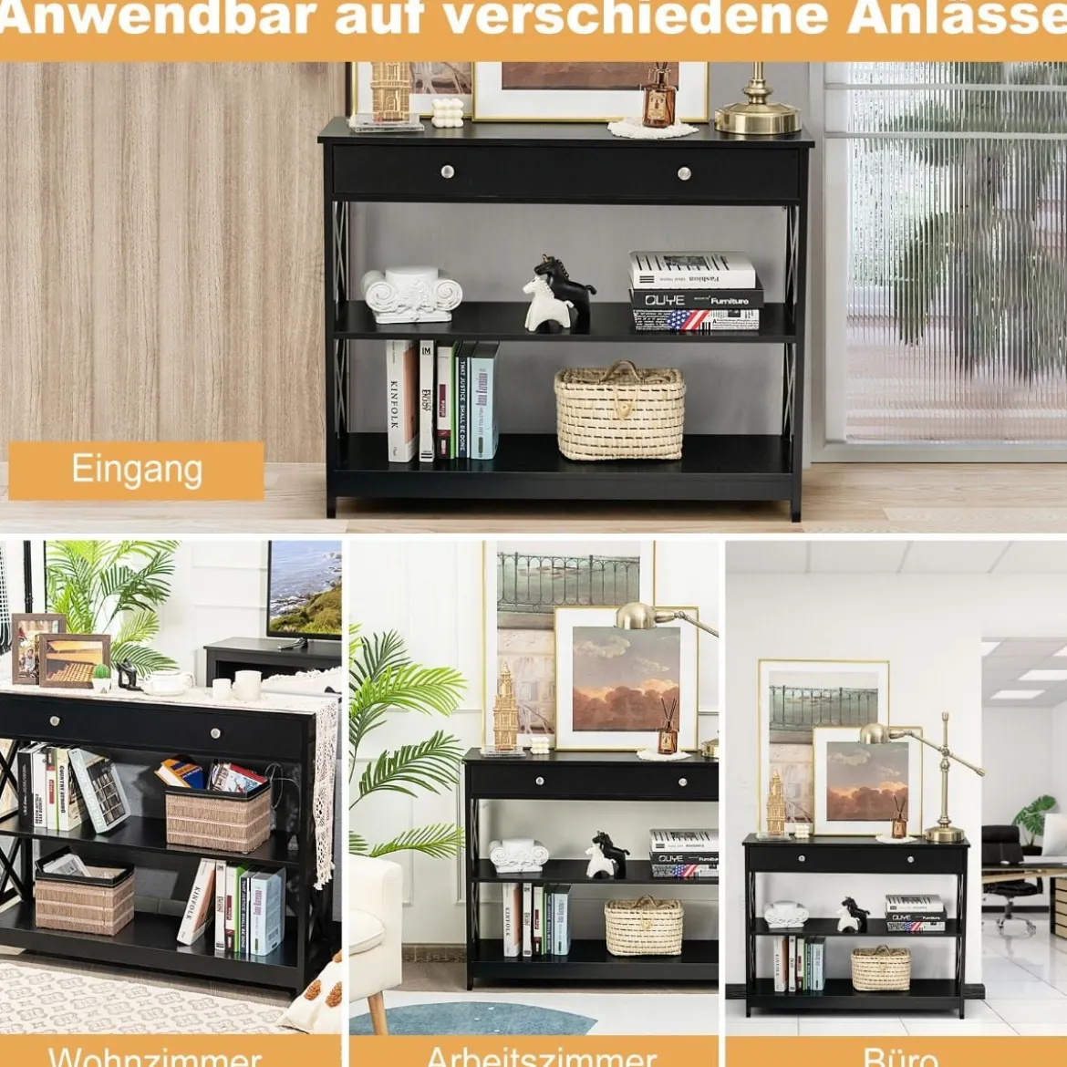 3 Ebenen Konsolentisch mit Schublade & 2 Ablagen & X-Förmigen Beinen