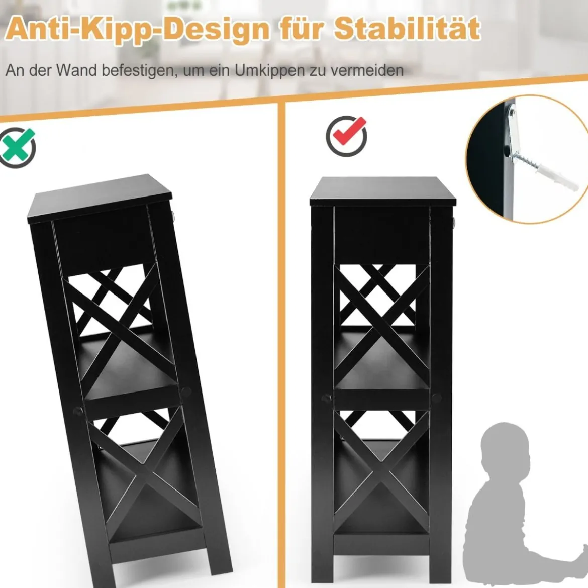 3 Ebenen Konsolentisch mit Schublade & 2 Ablagen & X-Förmigen Beinen