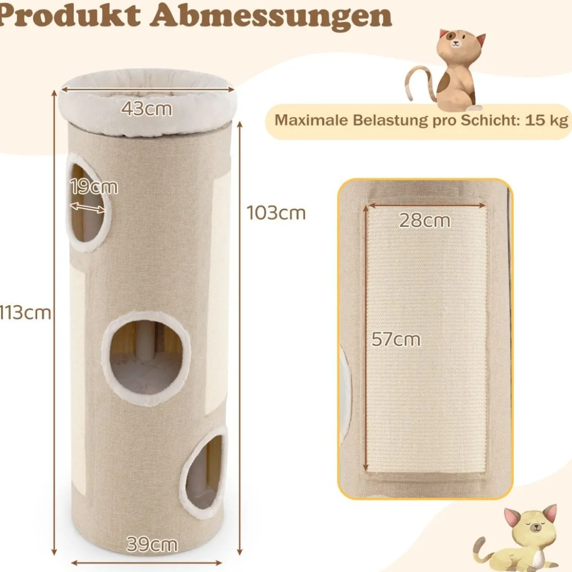 4 Ebenen Kratztonne mit 3 Höhlen & 2 Sisal-Kratzbrettern & Plüschbett Katzentonne