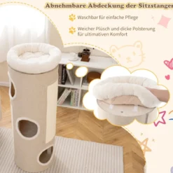 4 Ebenen Kratztonne mit 3 Höhlen & 2 Sisal-Kratzbrettern & Plüschbett Katzentonne