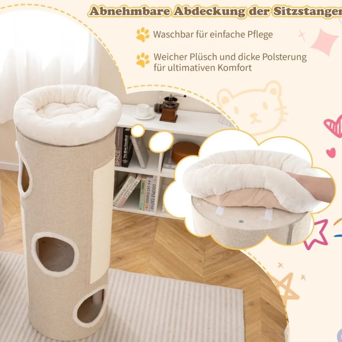 4 Ebenen Kratztonne mit 3 Höhlen & 2 Sisal-Kratzbrettern & Plüschbett Katzentonne