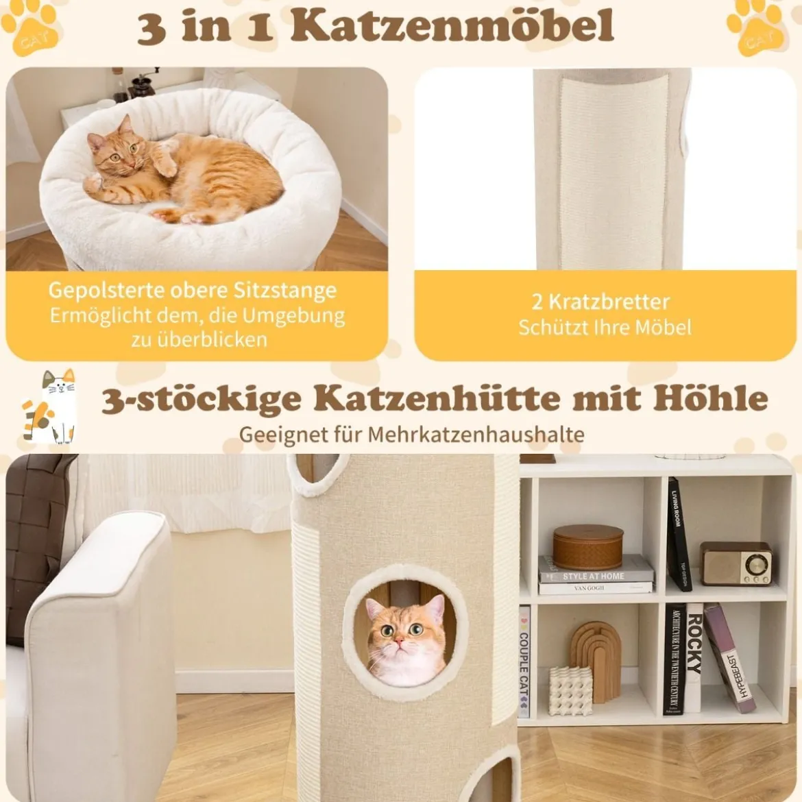4 Ebenen Kratztonne mit 3 Höhlen & 2 Sisal-Kratzbrettern & Plüschbett Katzentonne