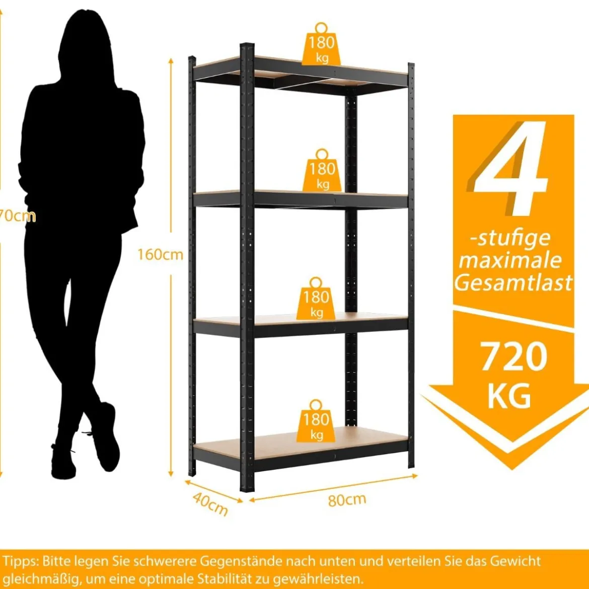 4 Ebenen Lagerregal mit Metallrahmen Schwerlastregal bis 720kg belastbar Metallregal