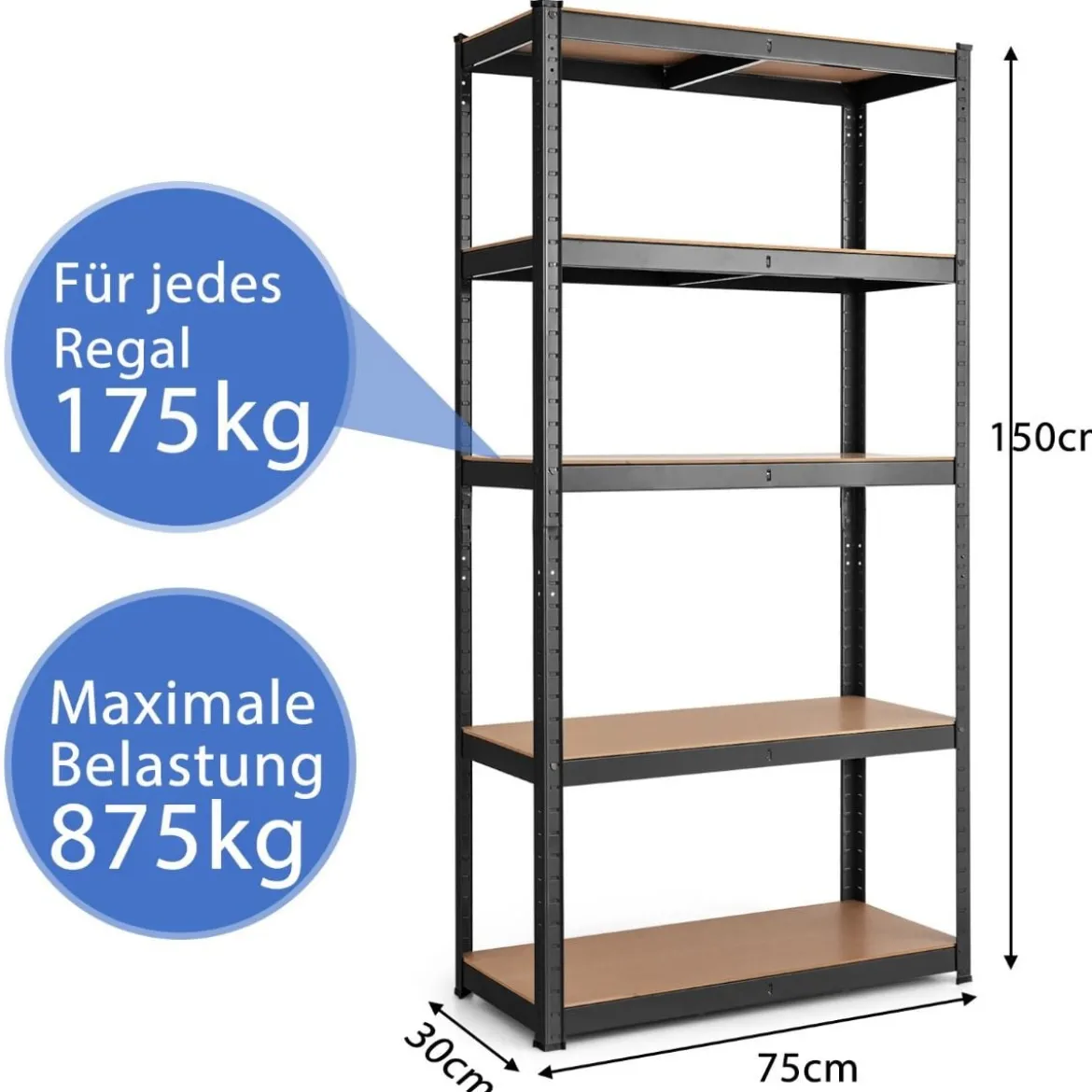 5 Ebenen Lagerregal mit Metallrahmen Metallregal bis 875kg Belastbar Kellerregal 75 x 30 x 150 cm