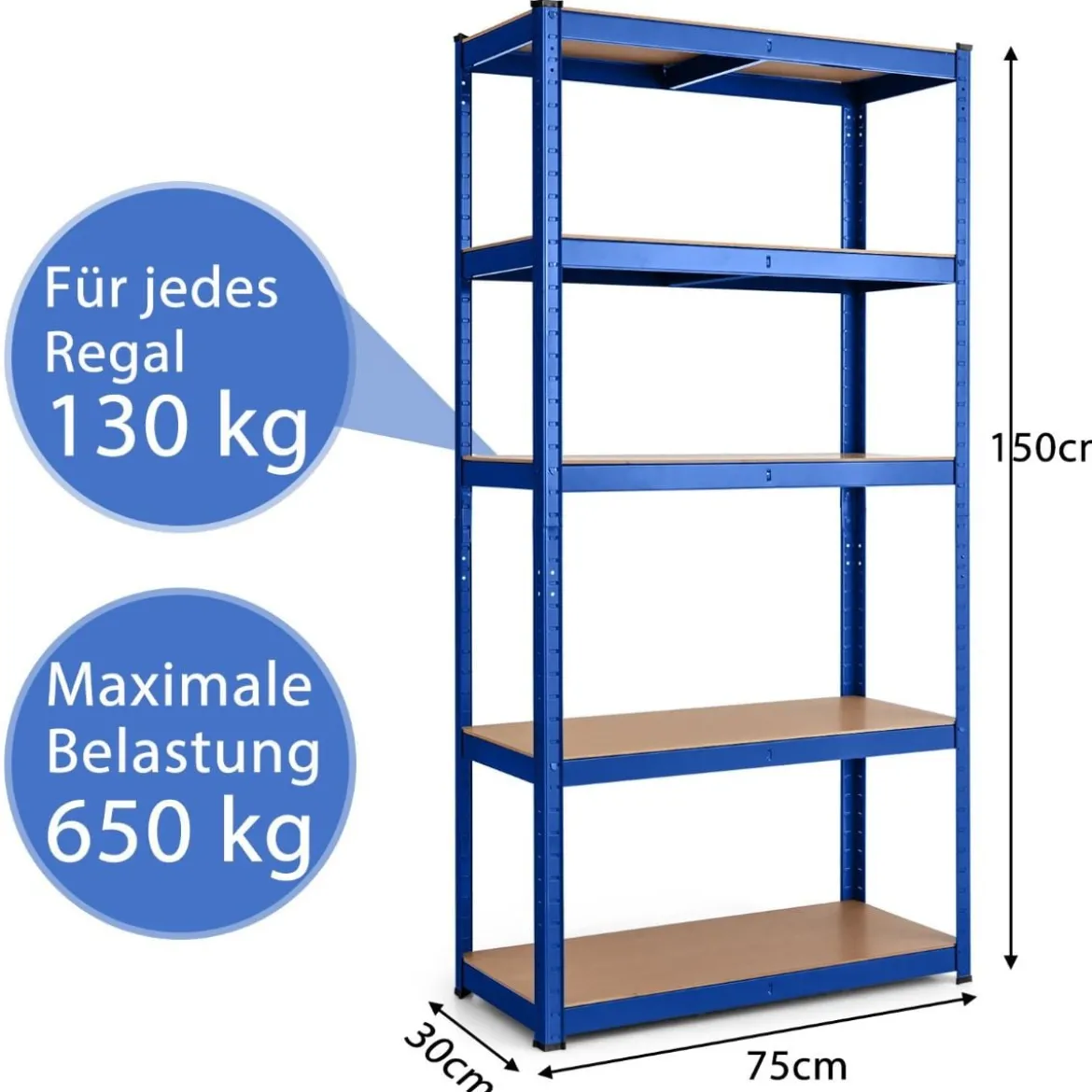 5 Ebenen Lagerregal mit Metallrahmen Metallregal bis 875kg Belastbar Kellerregal 75 x 30 x 150 cm