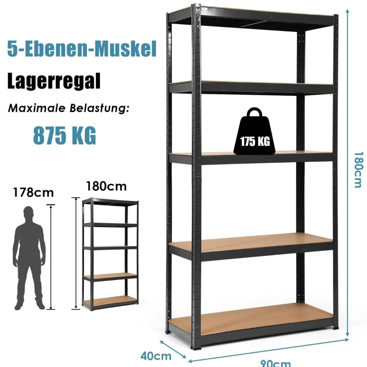5 Ebenen Lagerregal Platzsparendes Schwerlastregal Steckregal Metallregal