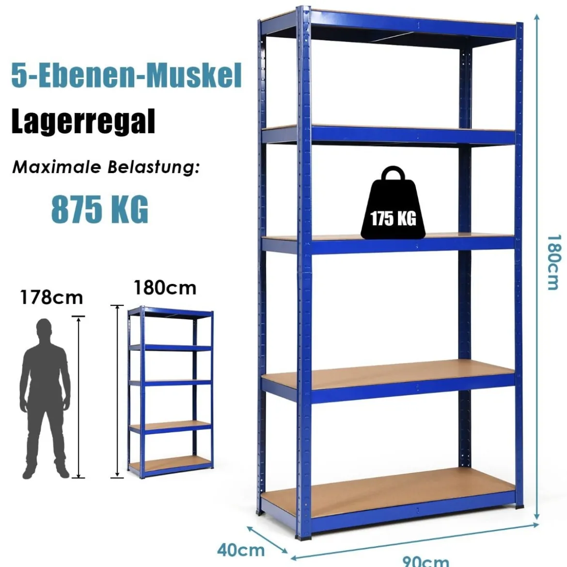 5 Ebenen Lagerregal Platzsparendes Schwerlastregal Steckregal Metallregal