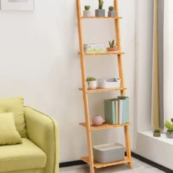 5 Ebenen Leiterregal aus Bambus Schmal Bücherregal Standregal 43 x 35 x 165 cm Natur