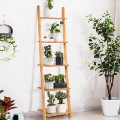 5 Ebenen Leiterregal aus Bambus Schmal Bücherregal Standregal 43 x 35 x 165 cm Natur