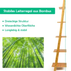 5 Ebenen Leiterregal aus Bambus Schmal Bücherregal Standregal 43 x 35 x 165 cm Natur