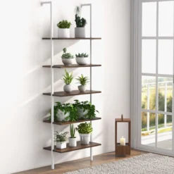 5 Ebenen Leiterregal Wandmotage 180cm Bücherregal mit Metallrahmen Braun