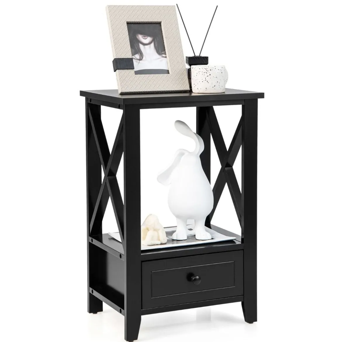 2 Ebenen Nachttisch mit Schublade Beistelltisch Holz 40 x 30 x 61,5cm Schwarz