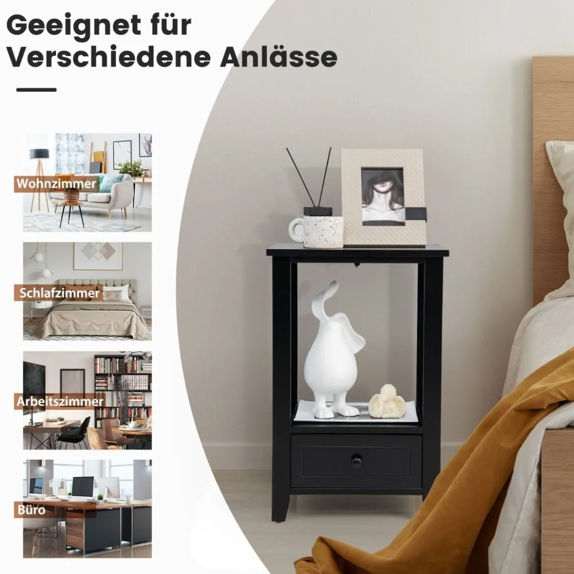 2 Ebenen Nachttisch mit Schublade Beistelltisch Holz 40 x 30 x 61,5cm Schwarz