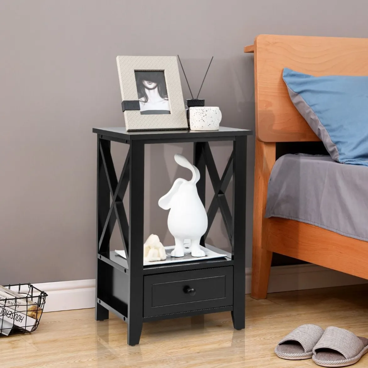 2 Ebenen Nachttisch mit Schublade Beistelltisch Holz 40 x 30 x 61,5cm Schwarz