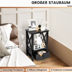 2 Ebenen Nachttisch mit Schublade Beistelltisch Holz 40 x 30 x 61,5cm Schwarz