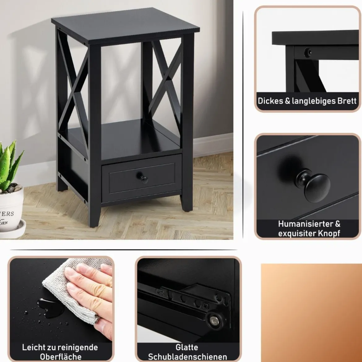 2 Ebenen Nachttisch mit Schublade Beistelltisch Holz 40 x 30 x 61,5cm Schwarz