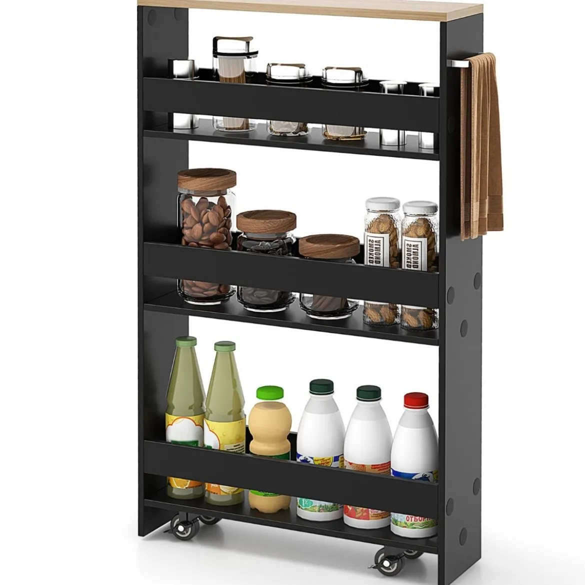 4 Ebenen Nischenregal auf Rollen aus Holz mit Griff Küchenwagen 48 x 13 x 81 cm Schwarz + Natur