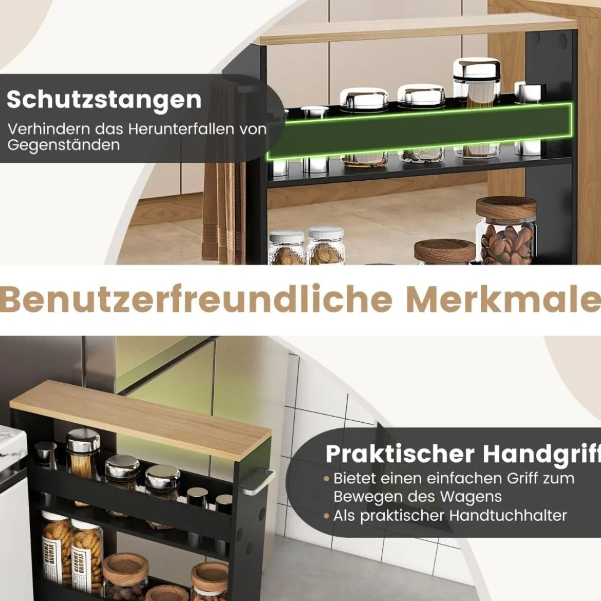 4 Ebenen Nischenregal auf Rollen aus Holz mit Griff Küchenwagen 48 x 13 x 81 cm Schwarz + Natur