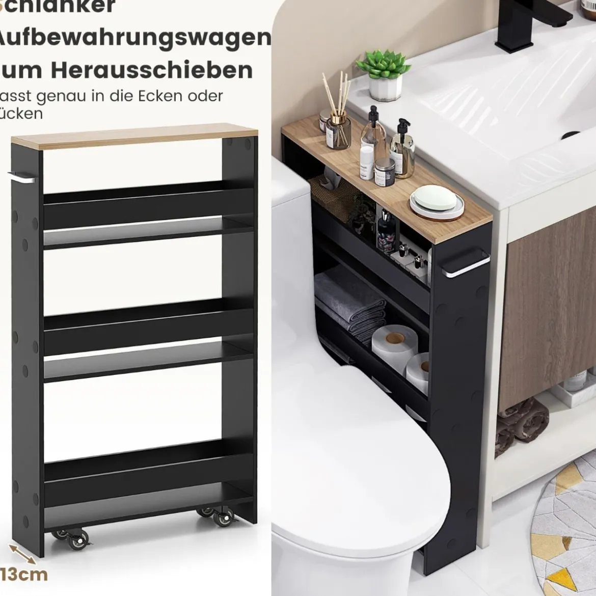 4 Ebenen Nischenregal auf Rollen aus Holz mit Griff Küchenwagen 48 x 13 x 81 cm Schwarz + Natur