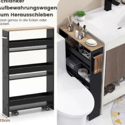 4 Ebenen Nischenregal auf Rollen aus Holz mit Griff Küchenwagen 48 x 13 x 81 cm Schwarz + Natur