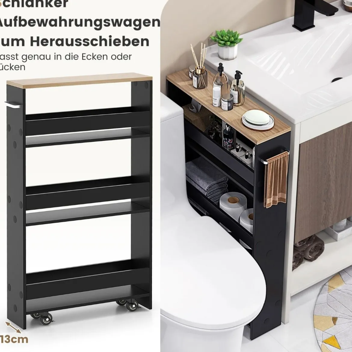 4 Ebenen Nischenregal auf Rollen aus Holz mit Griff Küchenwagen 48 x 13 x 81 cm Schwarz + Natur