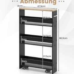 4 Ebenen Nischenregal auf Rollen aus Holz mit Griff Küchenwagen 48 x 13 x 81 cm Schwarz + Natur