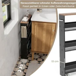 4 Ebenen Nischenregal auf Rollen aus Holz mit Griff Küchenwagen 48 x 13 x 81 cm Schwarz + Braun