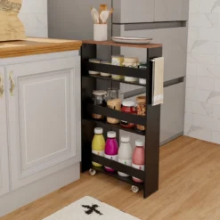 4 Ebenen Nischenregal auf Rollen aus Holz mit Griff Küchenwagen 48 x 13 x 81 cm Schwarz + Braun