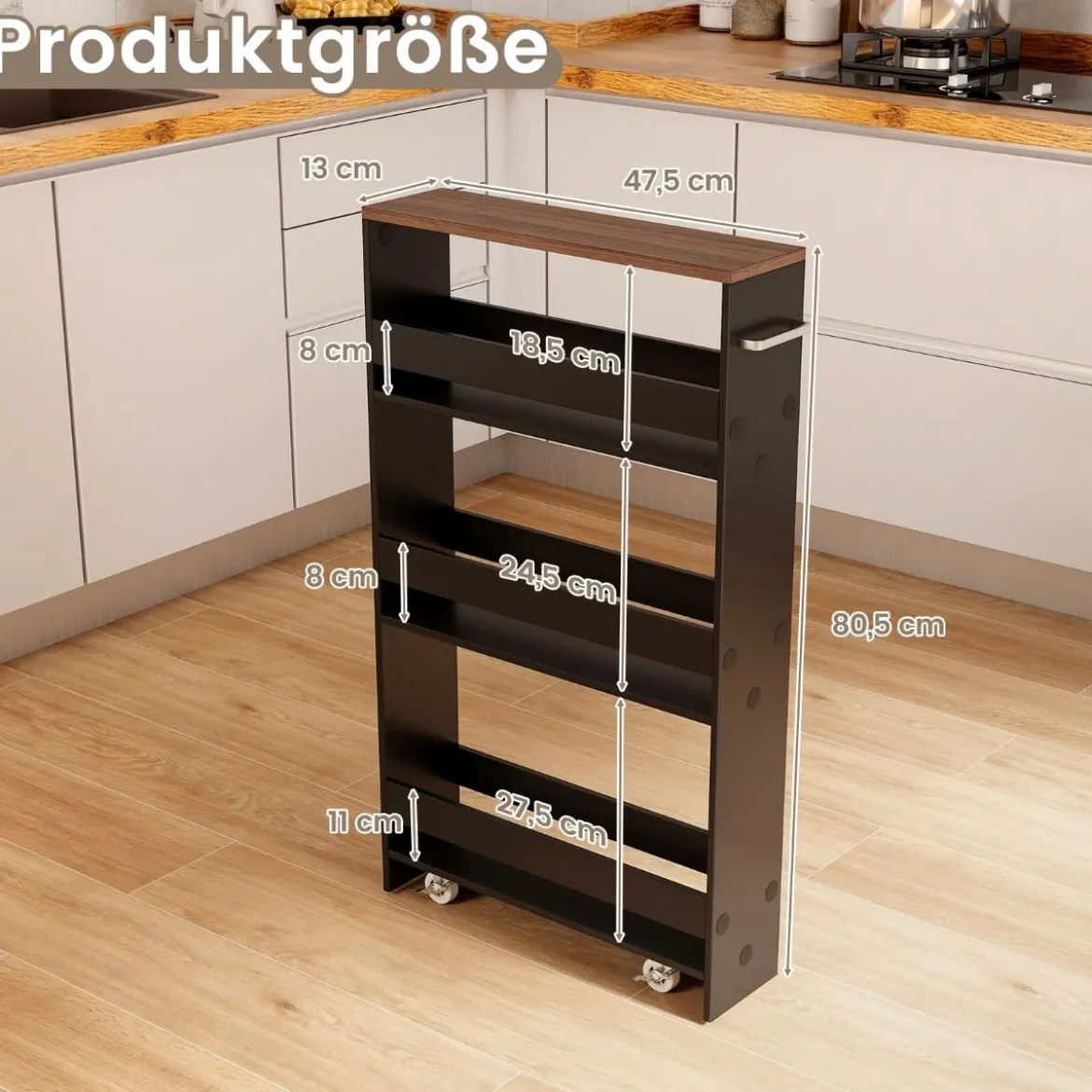 4 Ebenen Nischenregal auf Rollen aus Holz mit Griff Küchenwagen 48 x 13 x 81 cm Schwarz + Braun