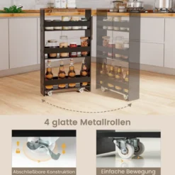 4 Ebenen Nischenregal auf Rollen aus Holz mit Griff Küchenwagen 48 x 13 x 81 cm Schwarz + Braun