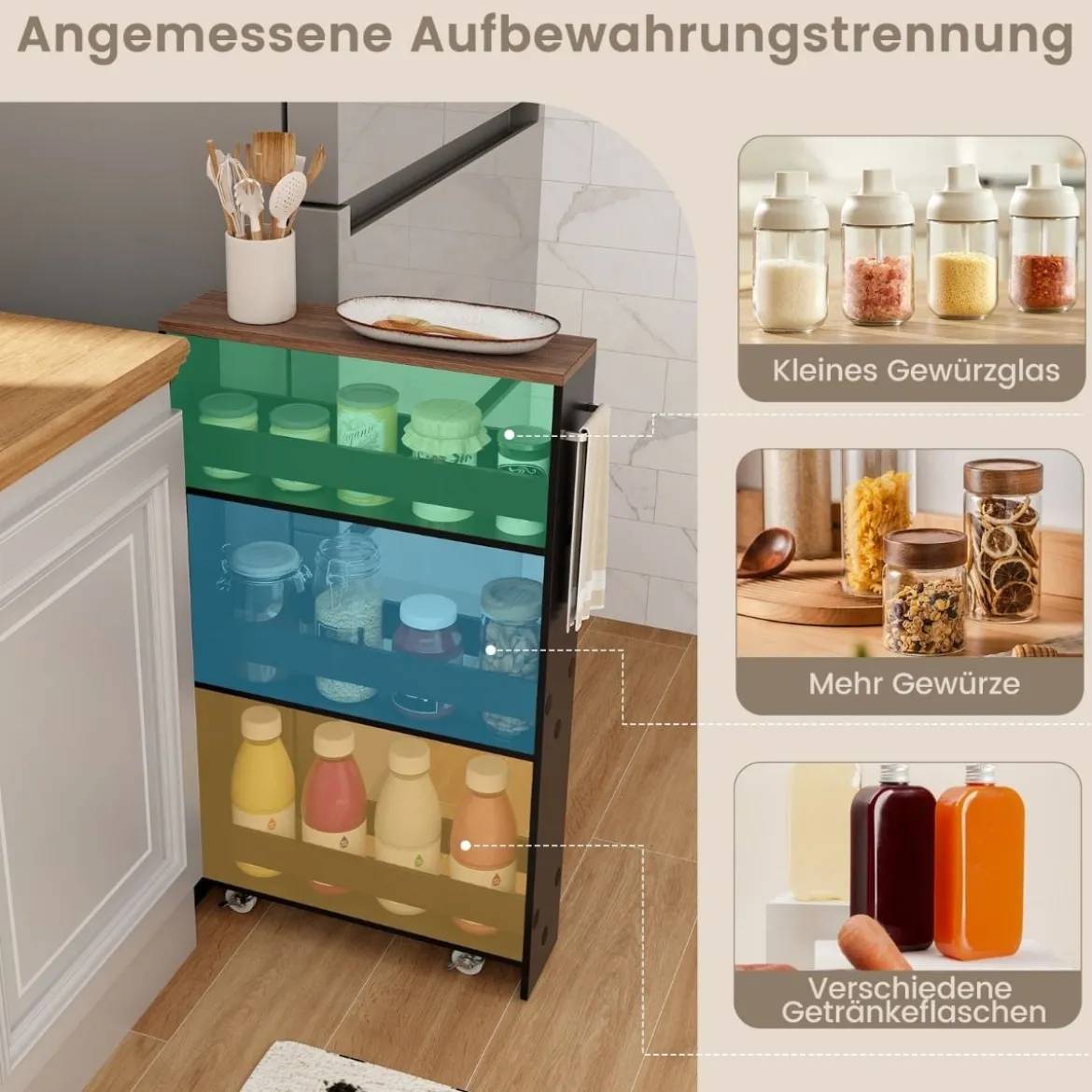 4 Ebenen Nischenregal auf Rollen aus Holz mit Griff Küchenwagen 48 x 13 x 81 cm Schwarz + Braun