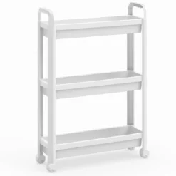 3 Ebenen Schmaler Küchenwagen auf Rollen mit Griffen Nischenregal Bad Rollwagen Weiß