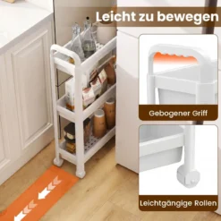 3 Ebenen Schmaler Küchenwagen auf Rollen mit Griffen Nischenregal Bad Rollwagen Weiß
