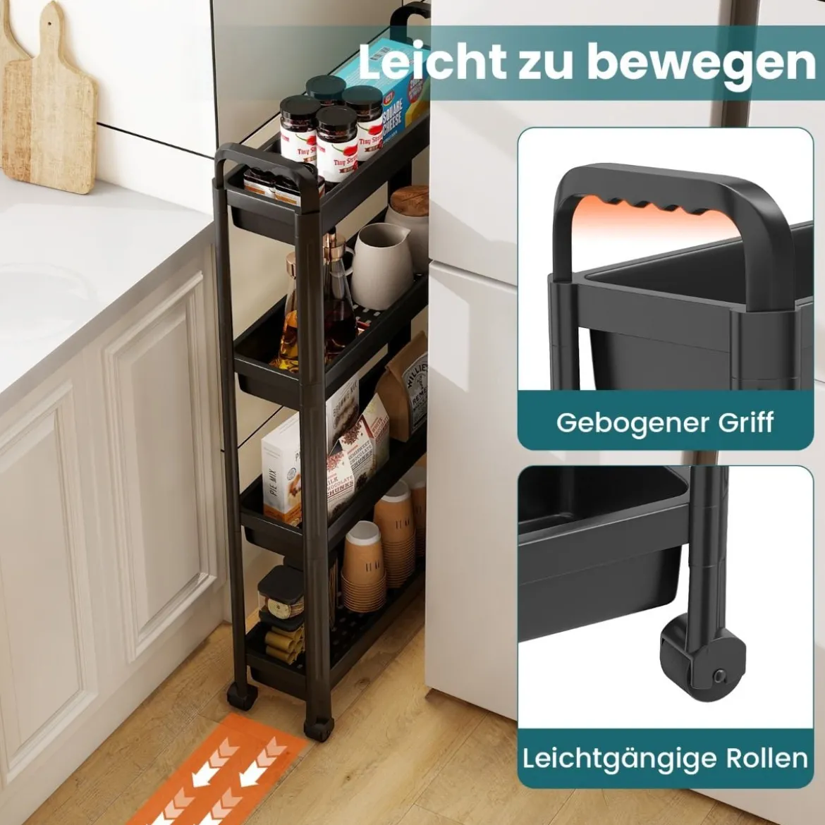 4 Ebenen Schmaler Küchenwagen auf Rollen mit Griffen Nischenregal Bad Rollwagen Schwarz