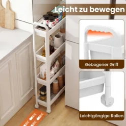 4 Ebenen Schmaler Küchenwagen auf Rollen mit Griffen Nischenregal Bad Rollwagen Weiß